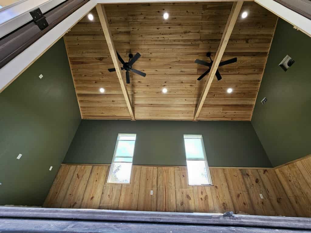 Barndominium vaulted cedar ceiling and green interior in Shreveport-Bossier City