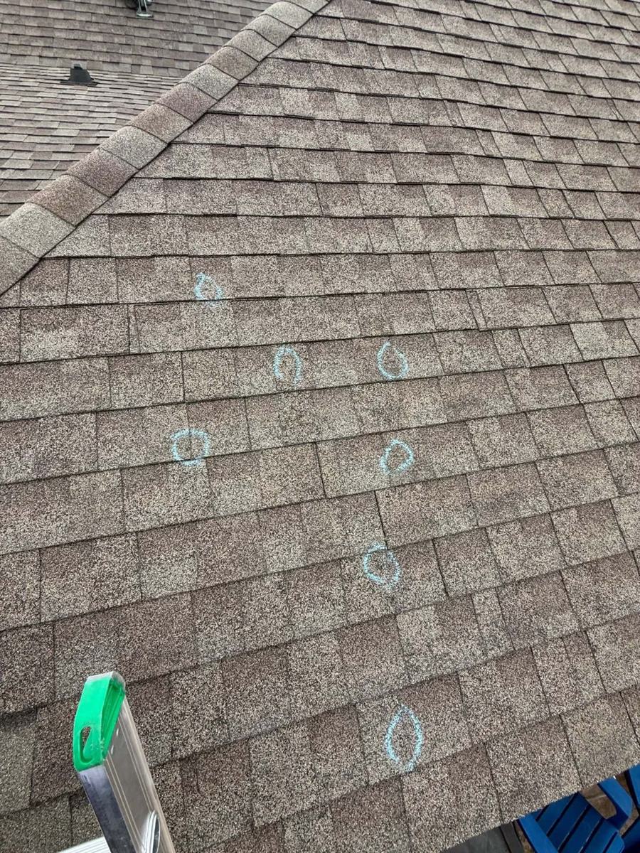 Hail hits on asphalt shingles circled in chalk during a roof inspection in Shreveport